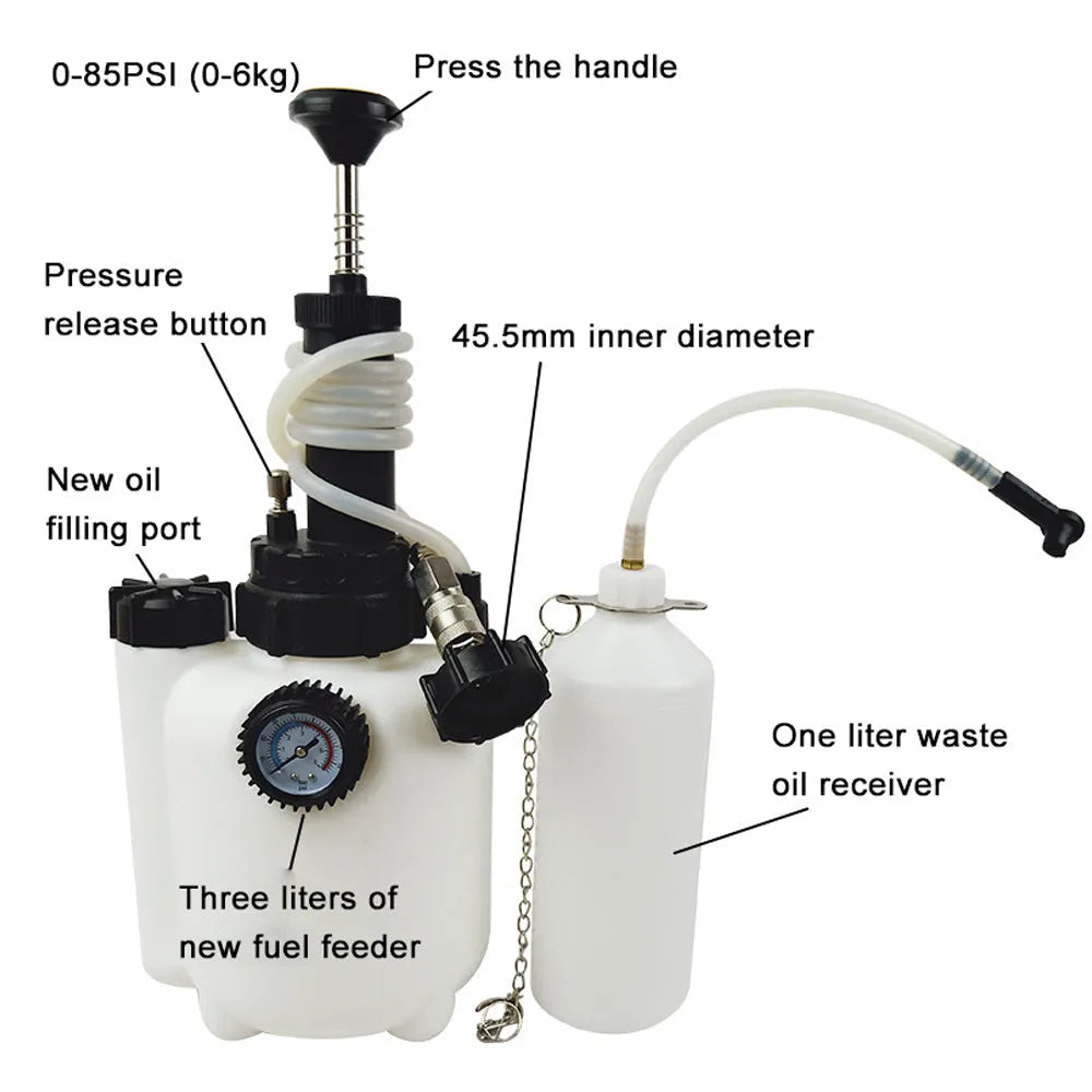 White 3L brake fluid reservoir tool for car brake servicing with copper, iron, and plastic construction