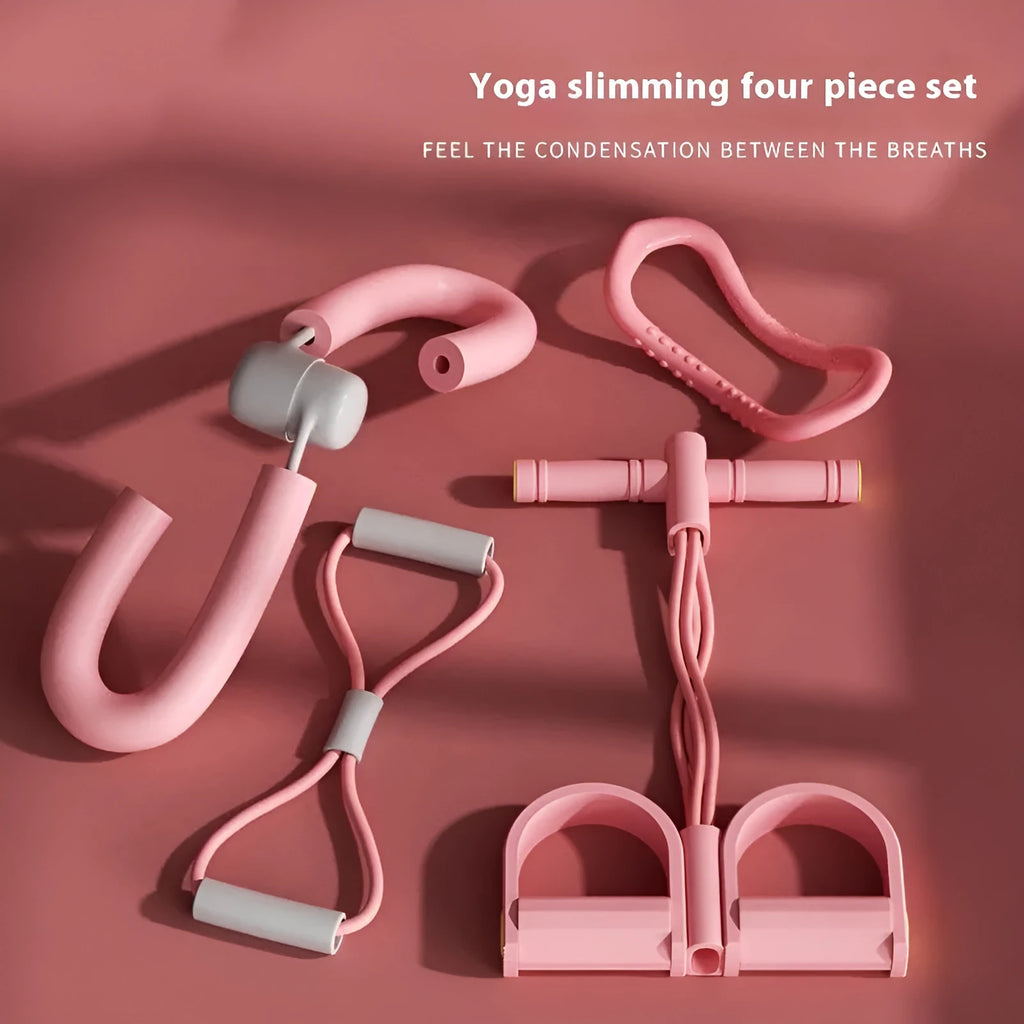 Yoga four-piece fitness set showing leg beauty device, chest expander, yoga ring, and tension rope.