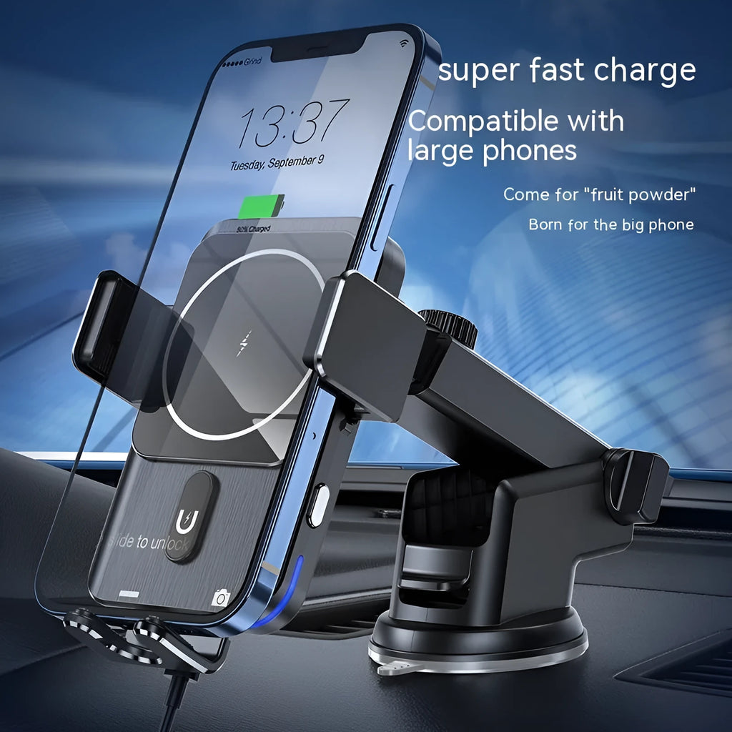 Black car wireless phone charger holder showing both clip and suction cup mounting options.