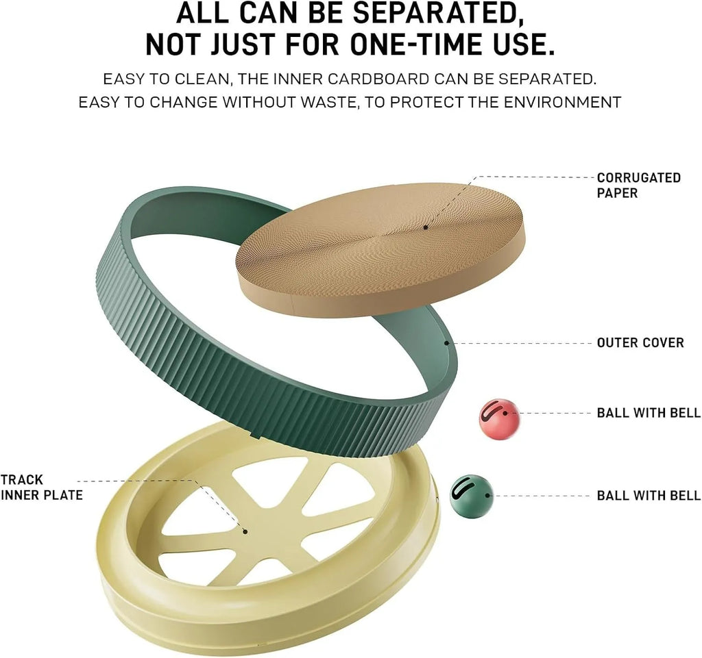 Large circular cardboard cat scratching board with integrated ball toys and replaceable core