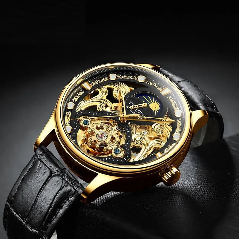 Men's automatic mechanical watch with leather band in gold or white, showing 16mm thickness and business style dial.