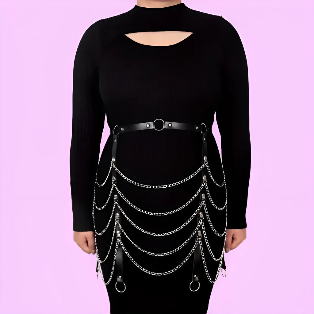 Black PU leather waist chain with bandage-style binding design for female fashion ornament