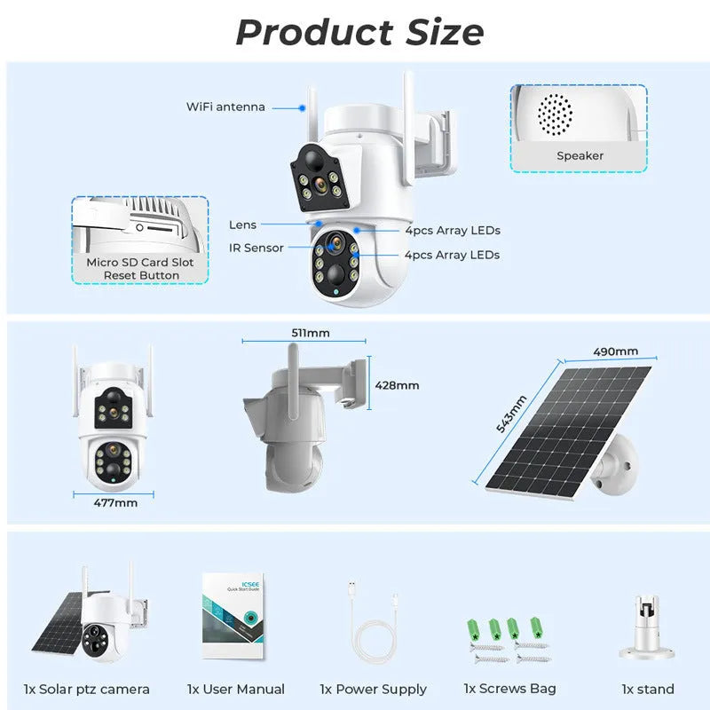 Outdoor solar-powered wireless wifi security camera with 4MP HD resolution and night vision