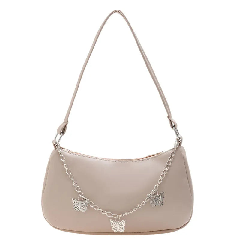 Horizontal square PU leather chain crossbody bag in light blue with an external pocket.