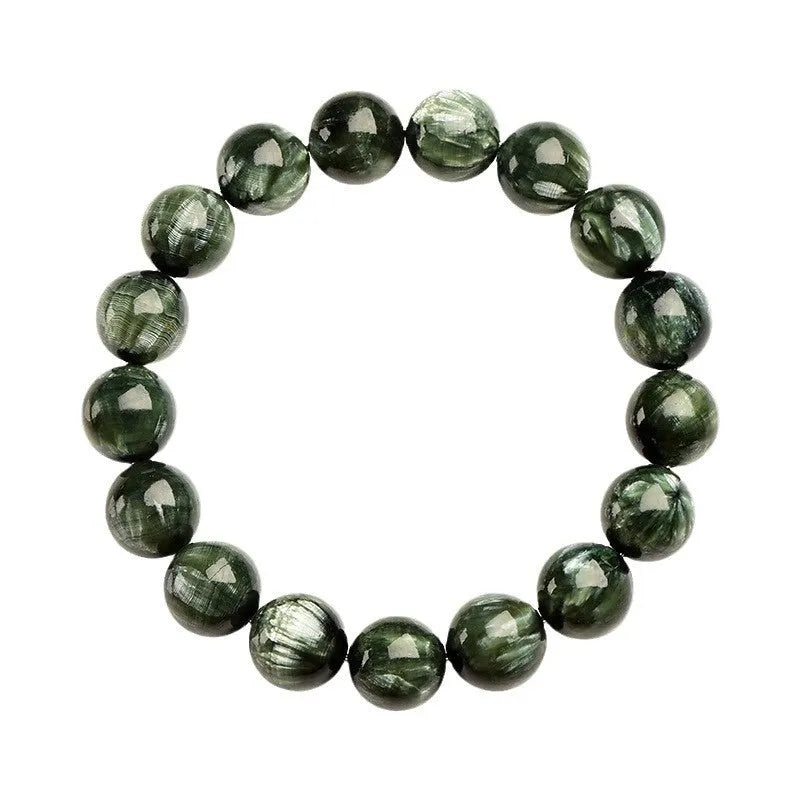 Green Dragon Crystal bracelet with round 8-9mm beads and a single ring clasp.