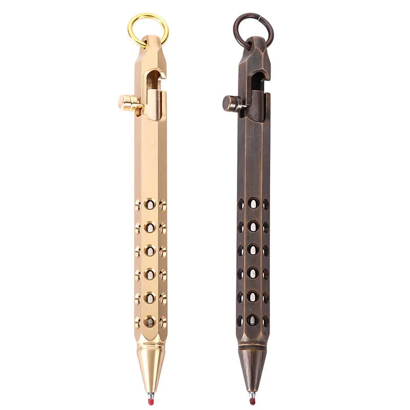 Brass hexagonal bolt roller pen with a 0.5mm tip shown in natural brass and retro black colours.