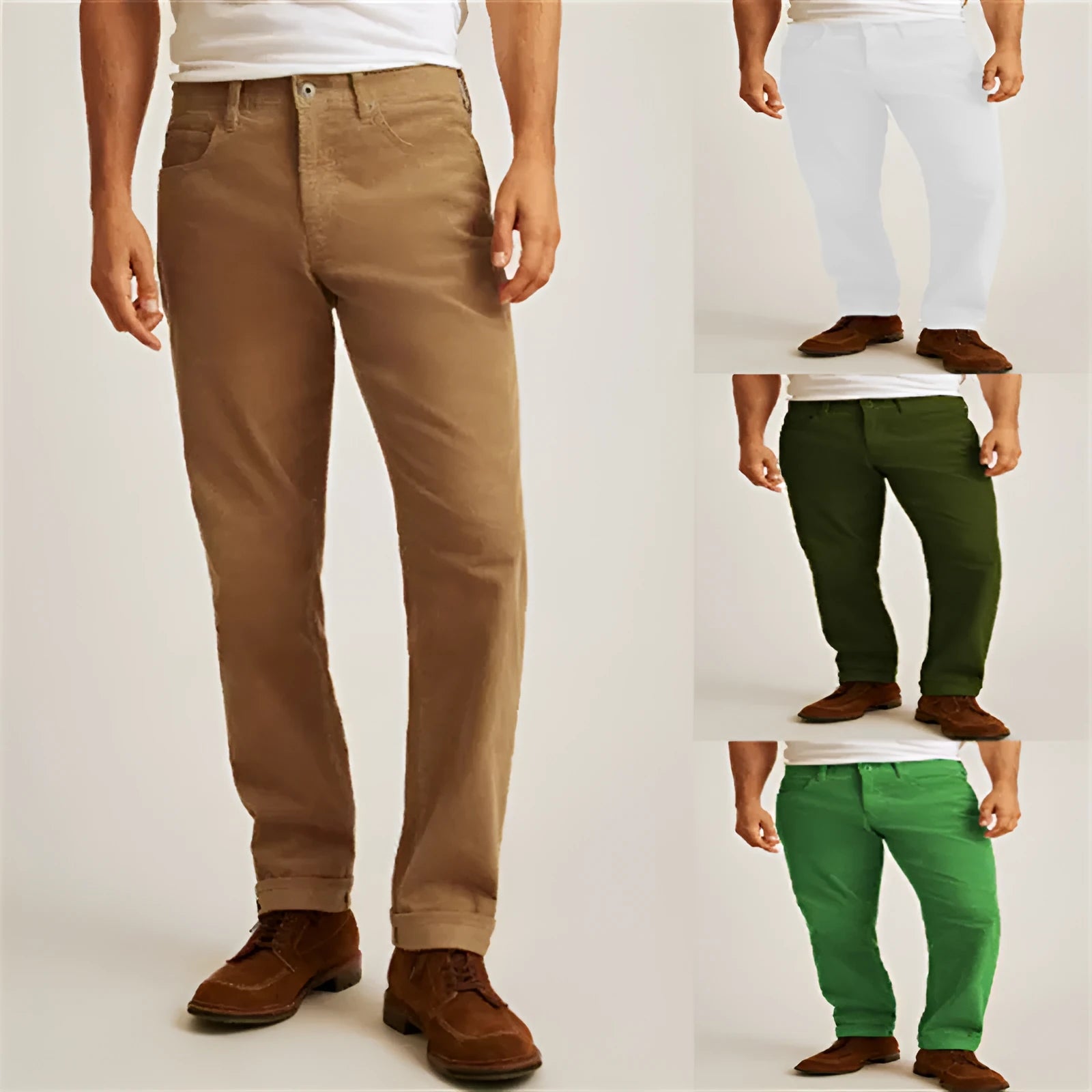 Corduroy straight leg trousers in green colour with loose casual fit and mid-waist design