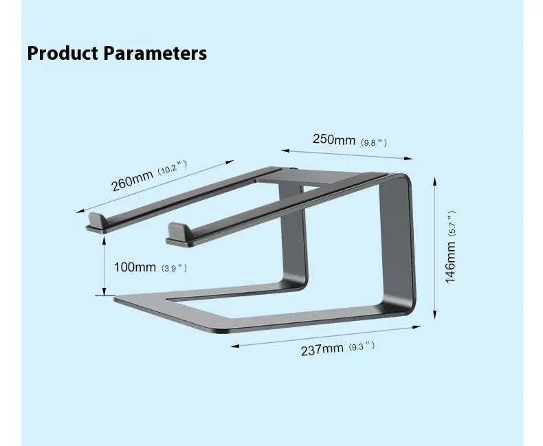 Black aluminium alloy laptop stand on desk elevating computer for ergonomic use
