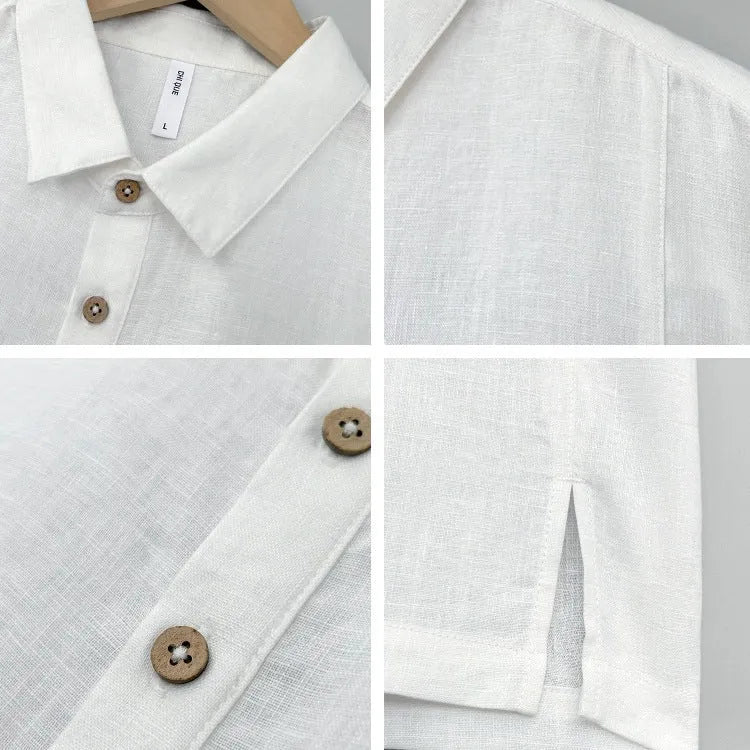 Men's linen summer top with thin lapels and short sleeves in loose fit