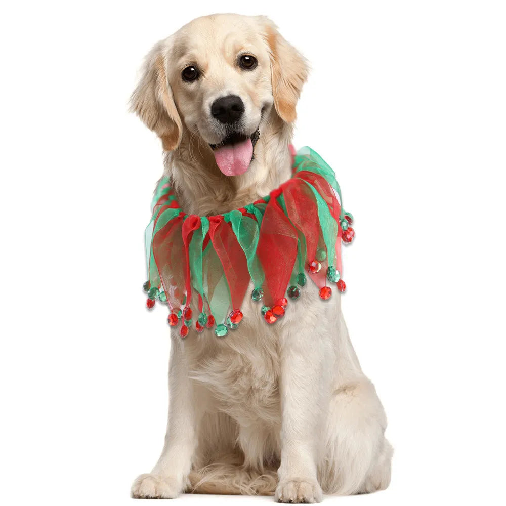 Tie-dye patterned pet collar in colourful design showing Christmas Halloween themes on cloth material