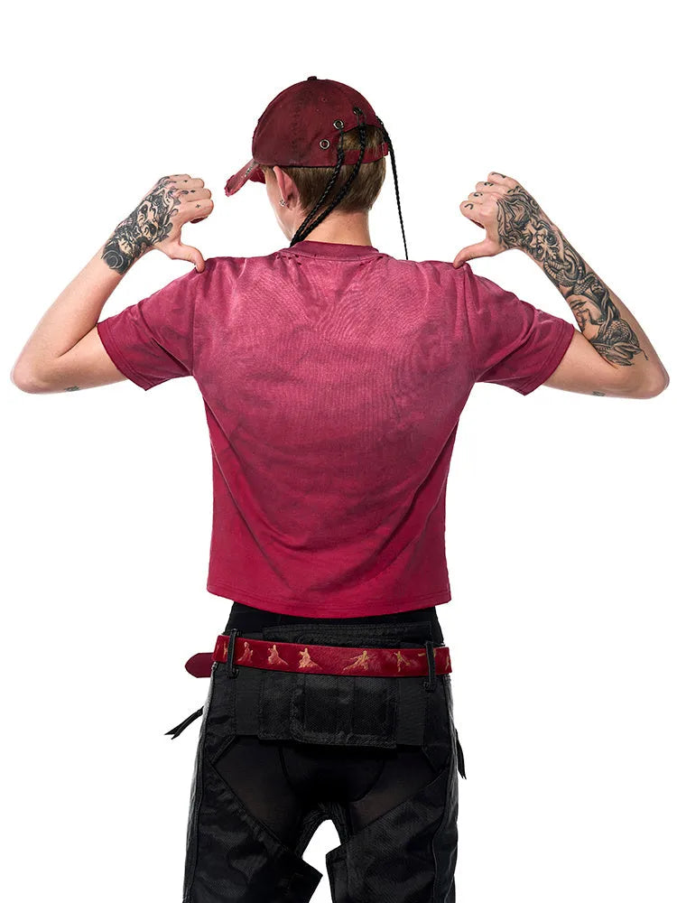 Red distressed slim-fit men's T-shirt with short sleeves and a round neck.