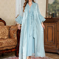 Arabic two-piece evening dress with rhinestone straps, long sleeves, and floor-length skirt in blue or brown