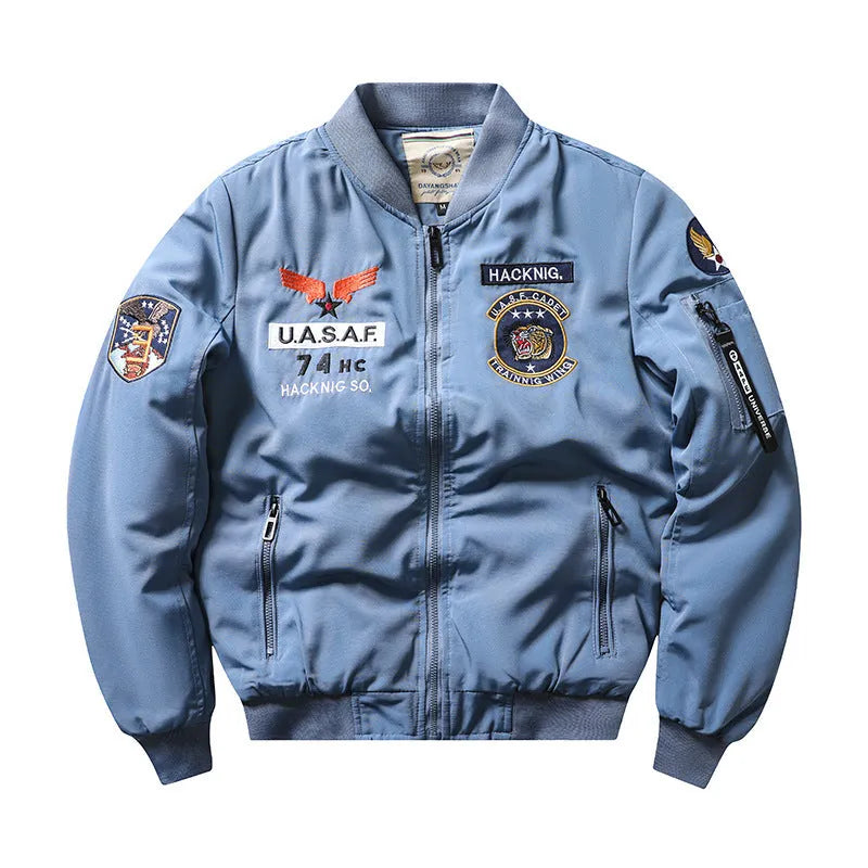 Men's slim-fit black retro motorcycle jacket with stand collar and patch pockets