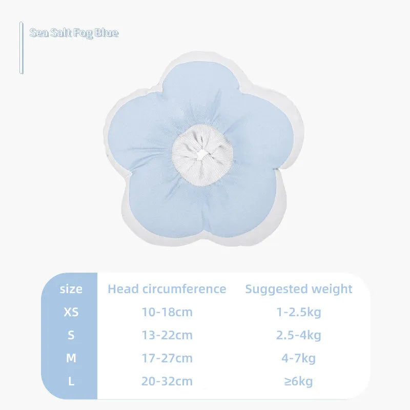 Cotton cat recovery collar with a solar-powered flower, shown in blue on a model, with adjustable fastening.