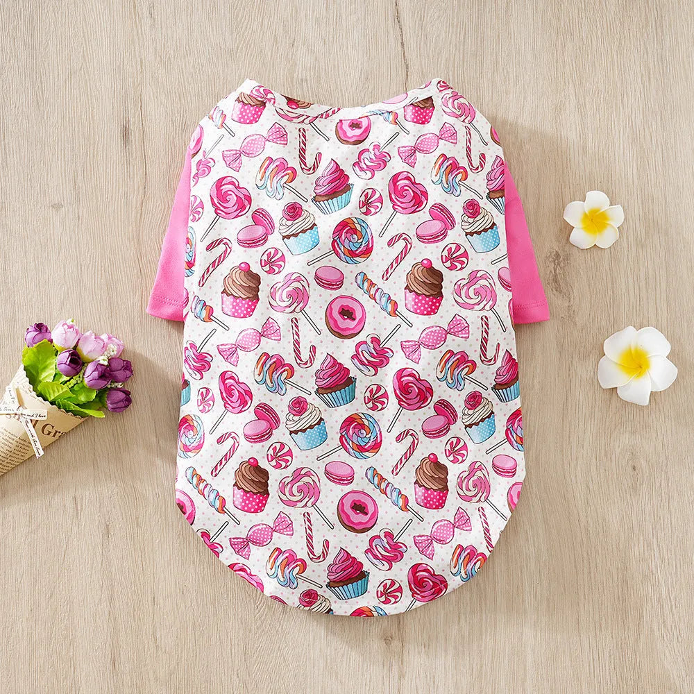 Small dog wearing full-print polyester t-shirt in casual style for spring or autumn