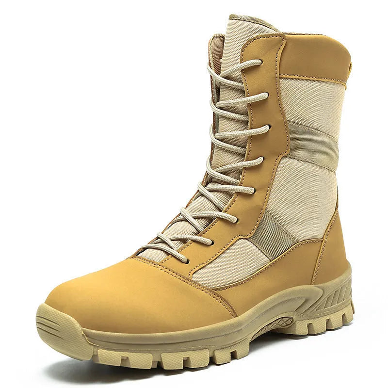 Men's black and camouflage plus size high-top combat boots with mesh upper and totem design.