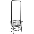 White single rod iron pulley storage car on wheels holding clothes hangers.