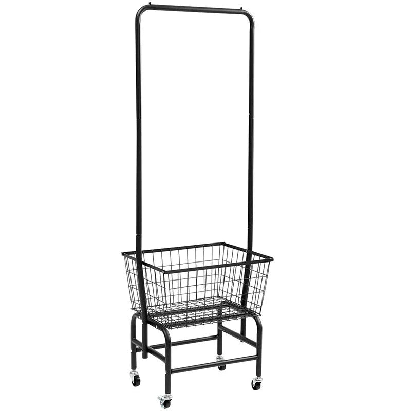 White single rod iron pulley storage car on wheels holding clothes hangers.