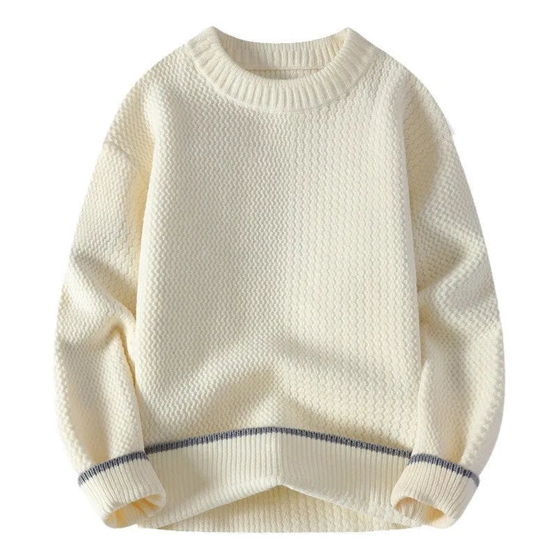 Grey men's casual loose fit round neck long sleeve knitwear sweater on a hanger.