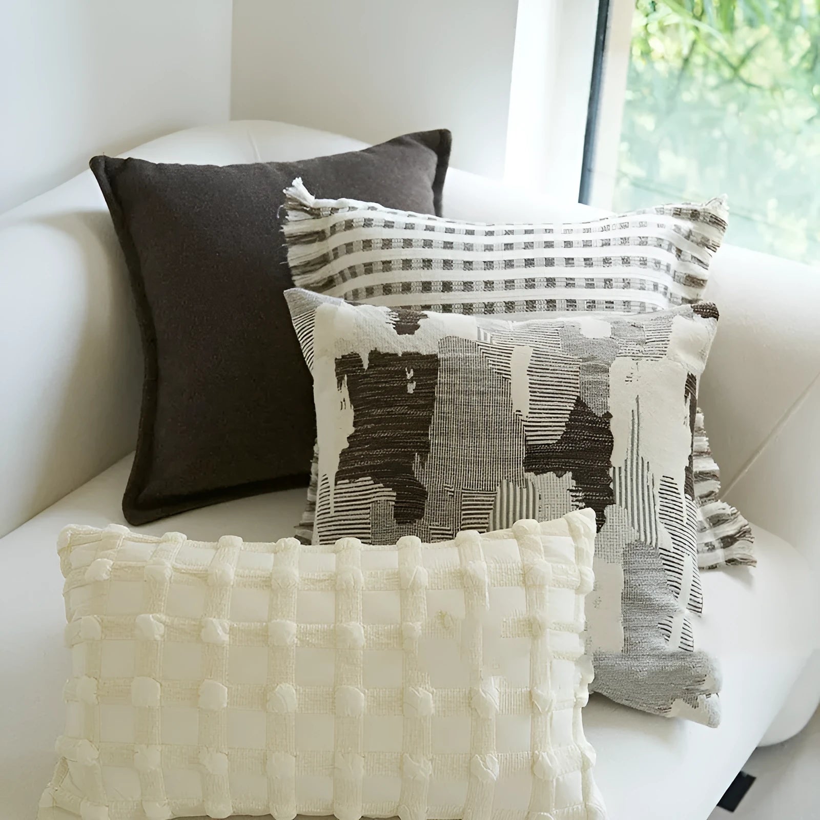 Coffee brown Chinese classical style cushion pillow on sofa in stripe and patchwork patterns
