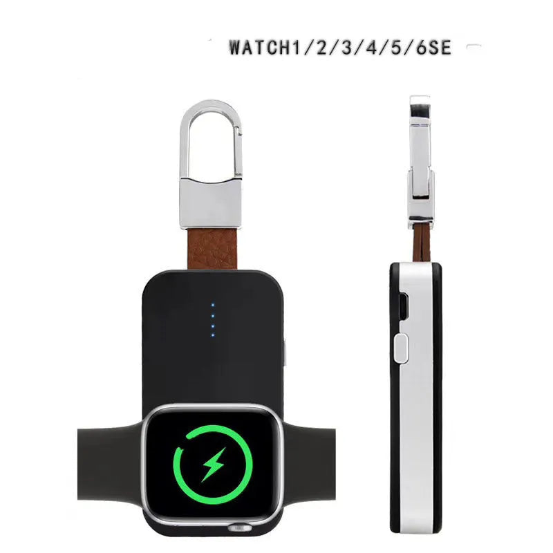Black portable Apple Watch wireless charger and power bank with keychain loop