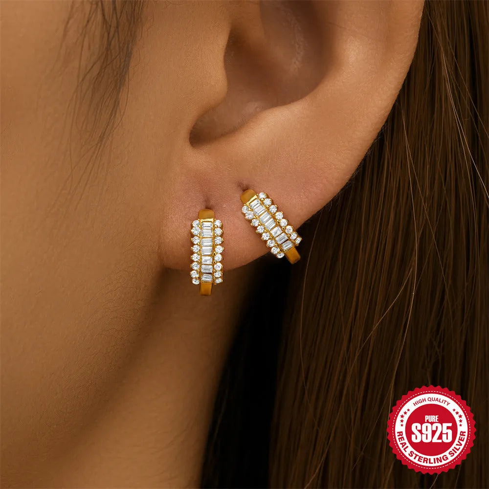 Sterling silver geometric stud earrings with circular design in gold or silver electroplated finish