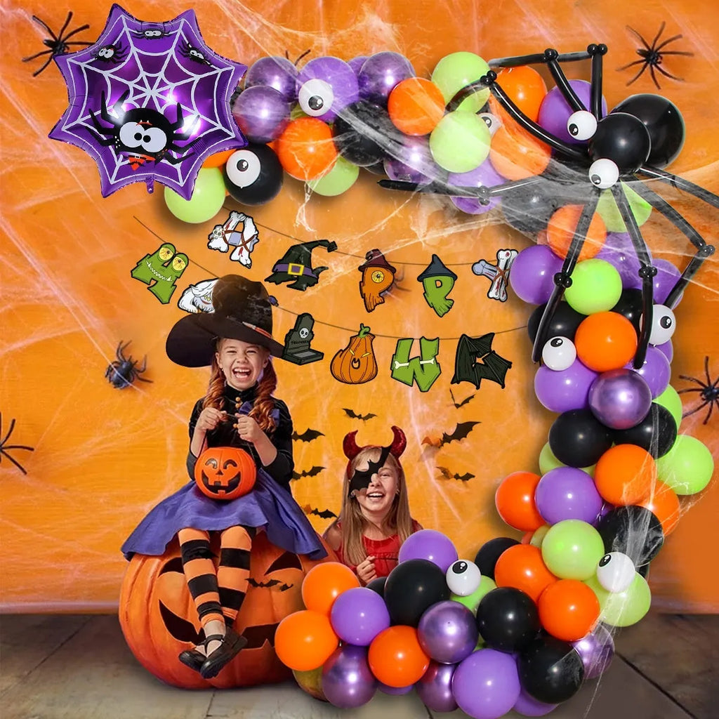 Halloween balloon combo set showing spider arch with skull and pumpkin designs in black and white