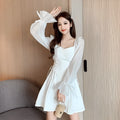 White chiffon patchwork dress with waist-slimming design and long sleeves