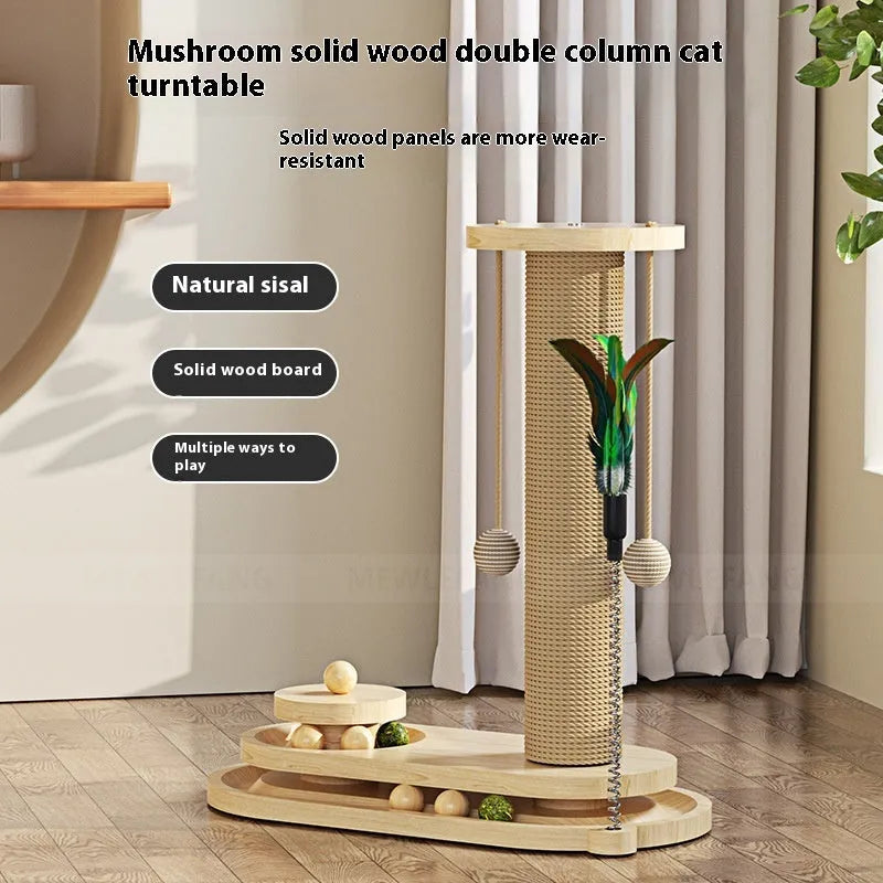 Solid wood cat scratching post with turntable and climbing elements for indoor feline exercise