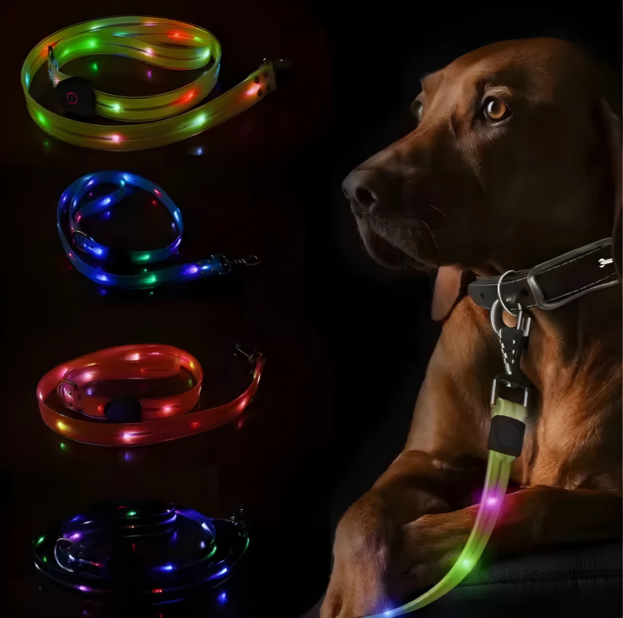PVC luminous dog lead in fluorescent green, showing clip and handle, 25cm wide.
