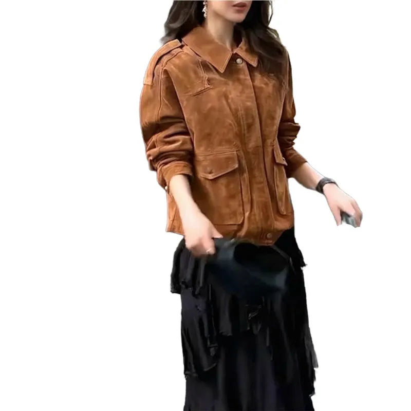 Women's brown suede-style polyester coat with regular sleeves for streetwear fashion