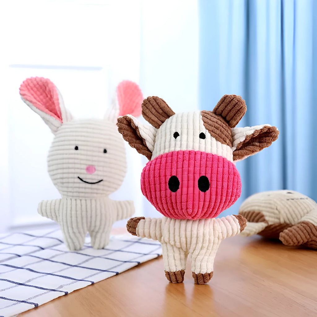 Animal shaped plush dog chew toy with squeaker in blue, brown, cow, gray, pink, white or yellow