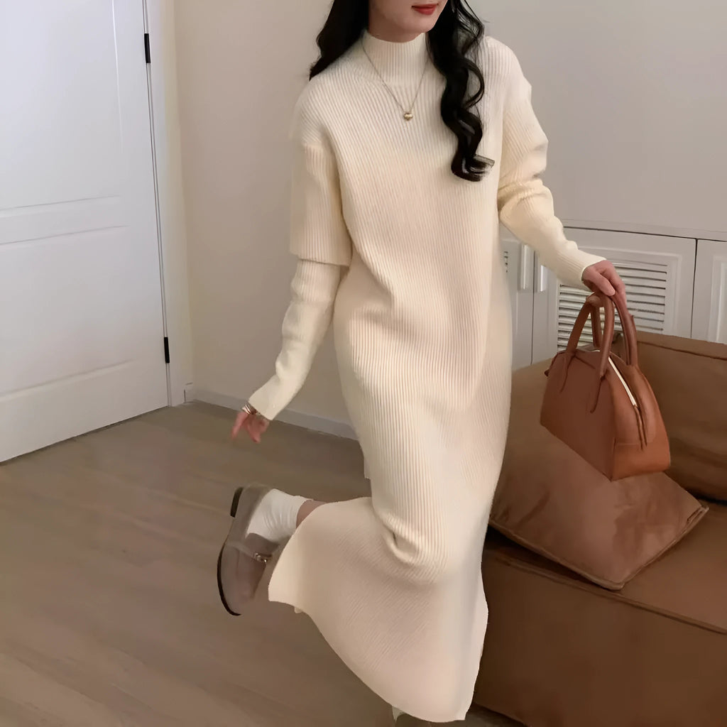 Half turtleneck knitted dress in graphite colour, knee-length with long sleeves and a high waist.