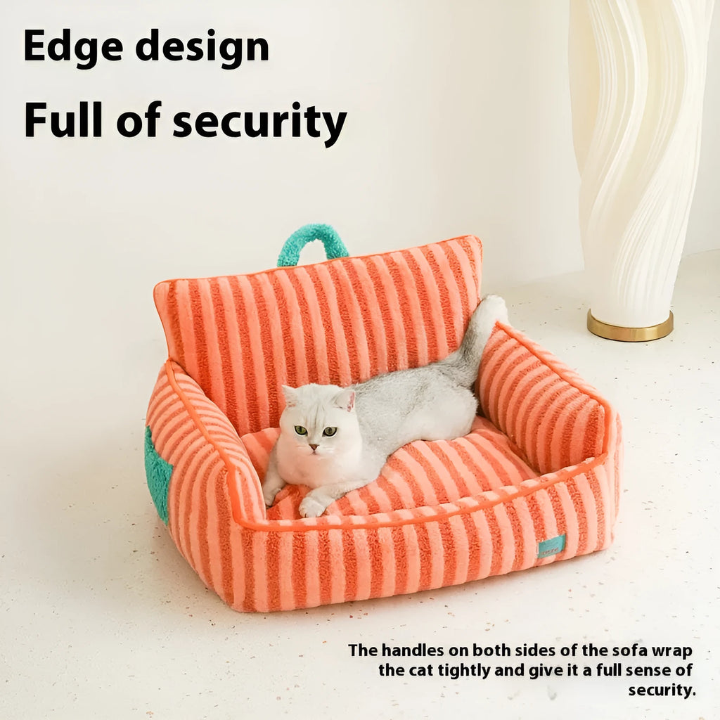 Striped soft velvet dog bed with a removable cover in orange, purple, or yellow colour options.