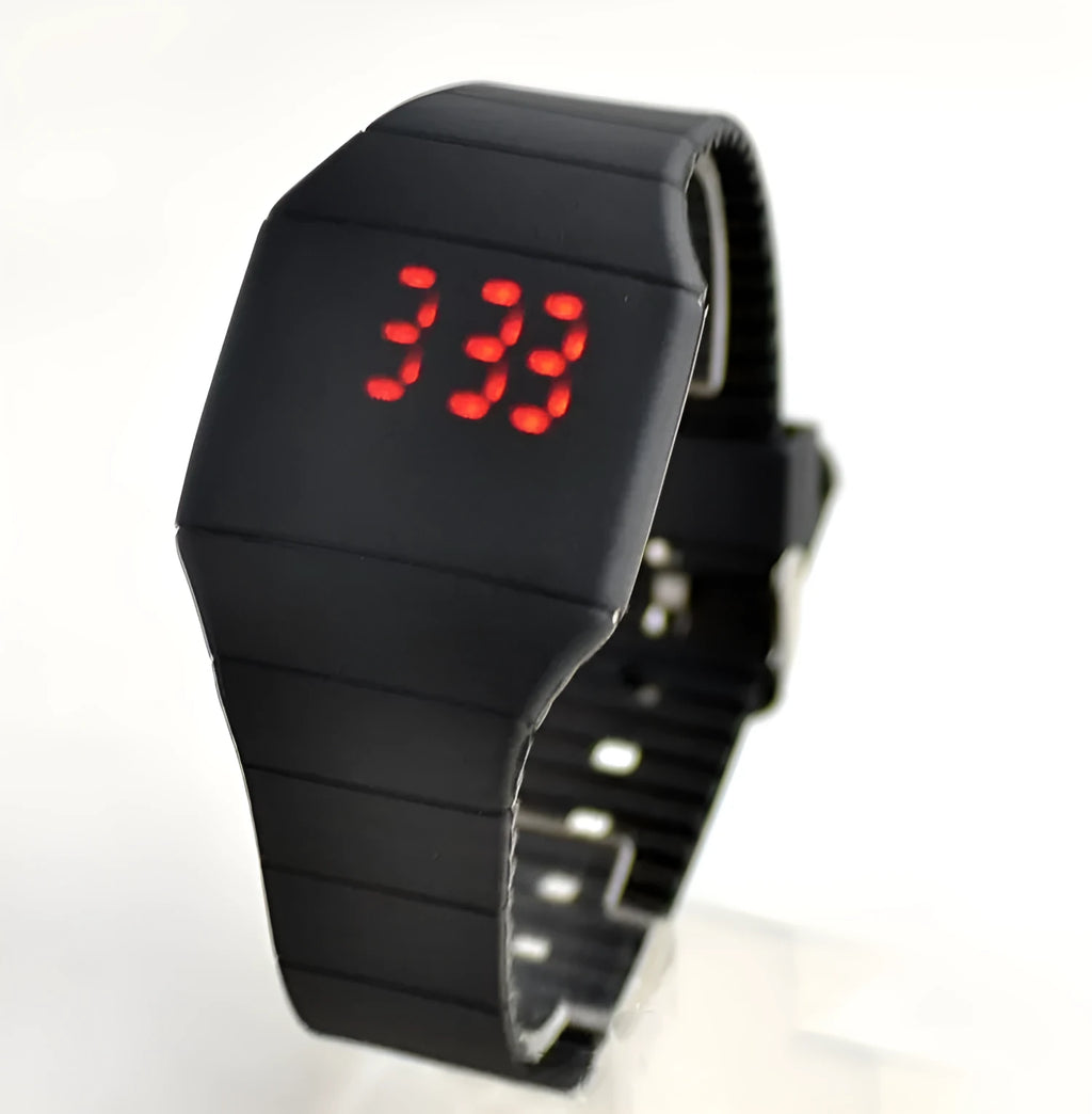 Square electronic watch with touch screen display showing time and date on PU strap