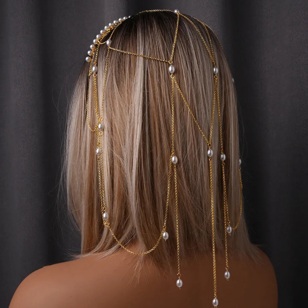Women's mesh hair chain with pearl and tassel decorative elements in gold electroplated finish
