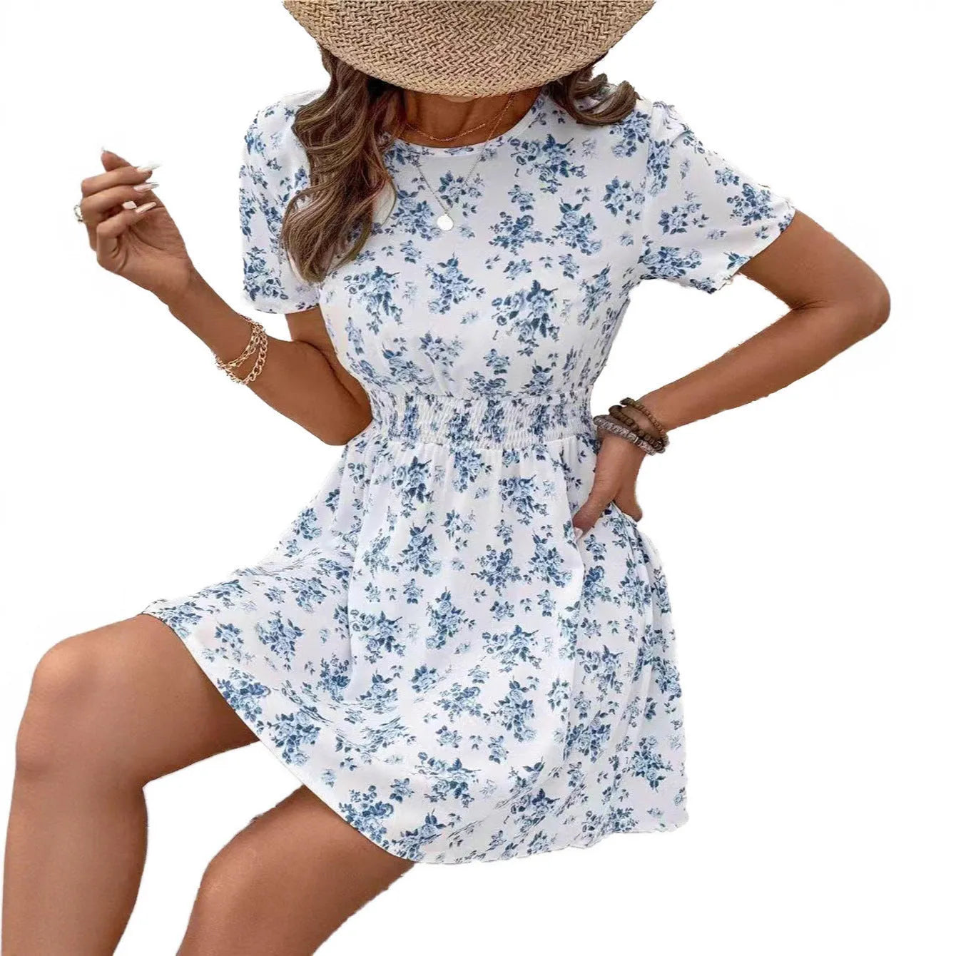 Light blue printed A-line dress with high waist and mid-length skirt