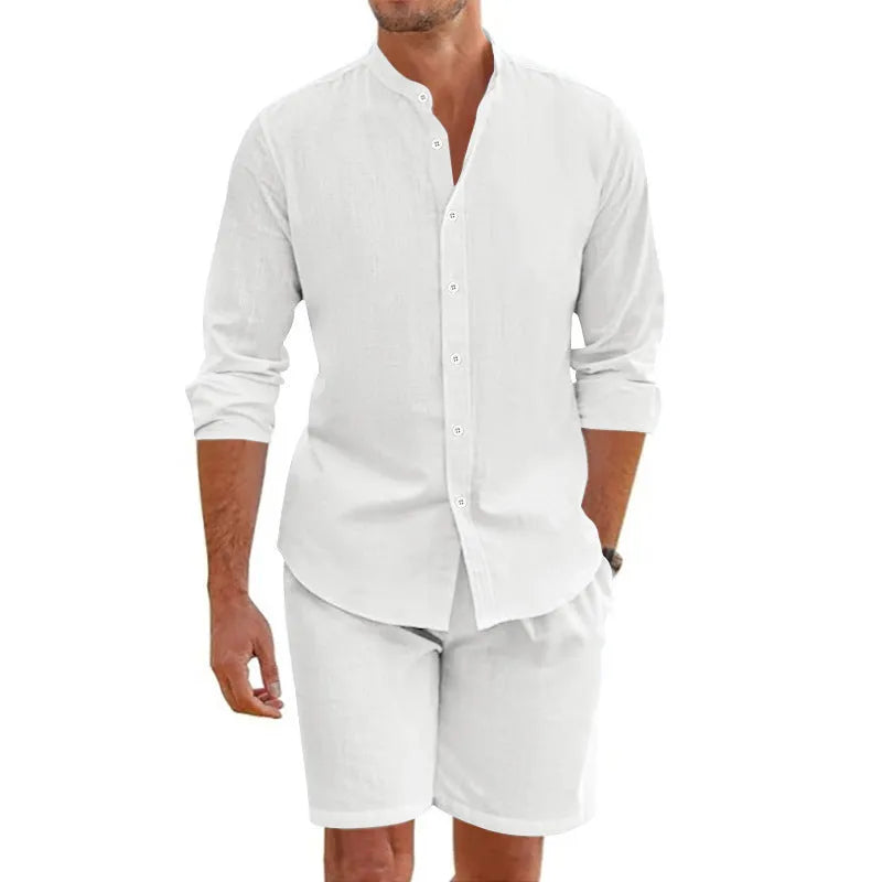 Men's dark grey short sleeve button-down shirt and matching drawstring shorts linen suit set laid flat.