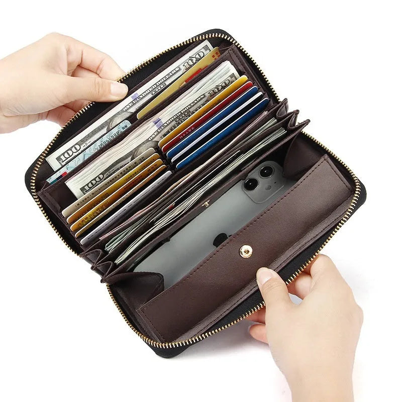Long genuine leather women's wallet in six colours with large capacity and anti-theft card slot