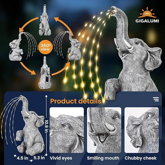 Resin elephant garden sculpture with integrated LED lighting strip for outdoor decoration