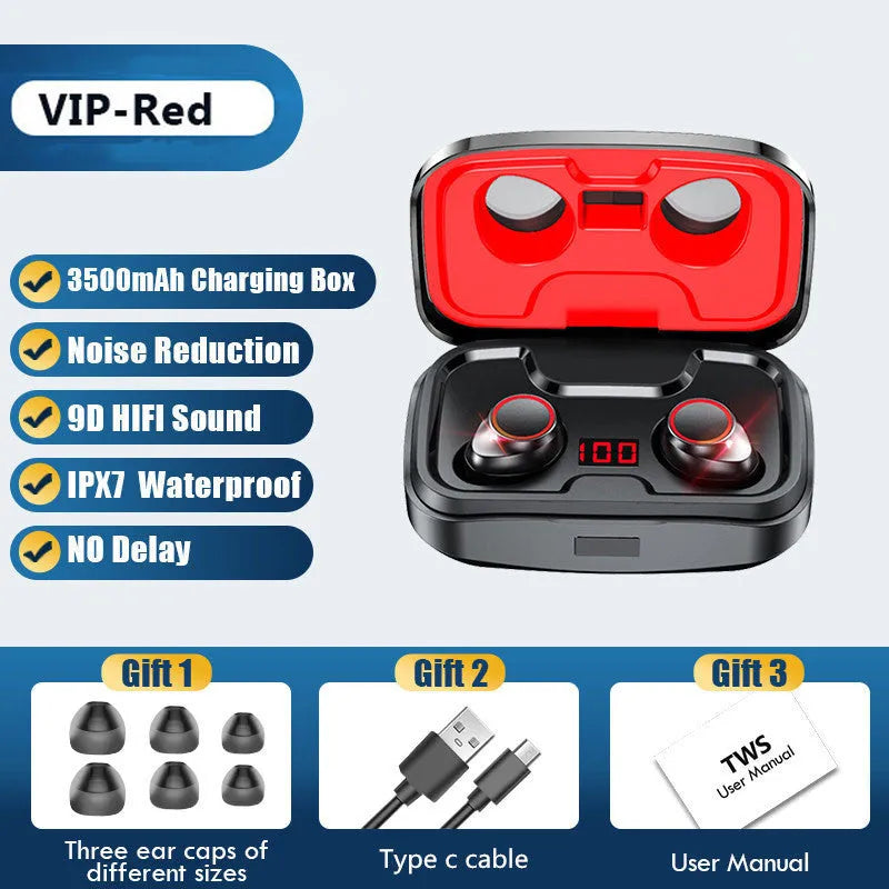 Black Bluetooth earplug headphones with charging case and protective covers