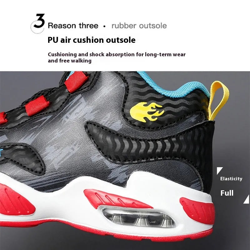 Colour options of kids' rotating button basketball shoes with synthetic leather upper