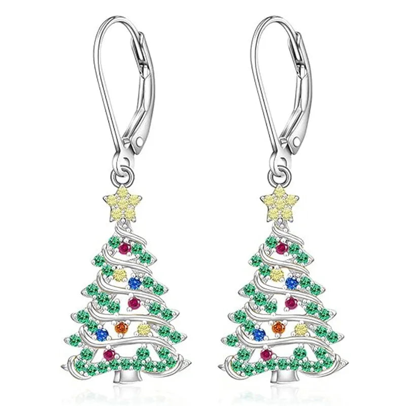 Women's Christmas tree earrings with star shape and white gold colour plating
