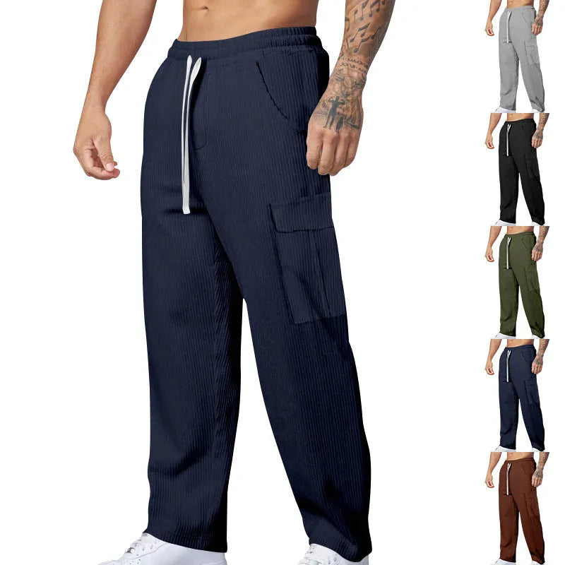 Men's corduroy cargo trousers with drawstring waist in wide-leg straight-leg design