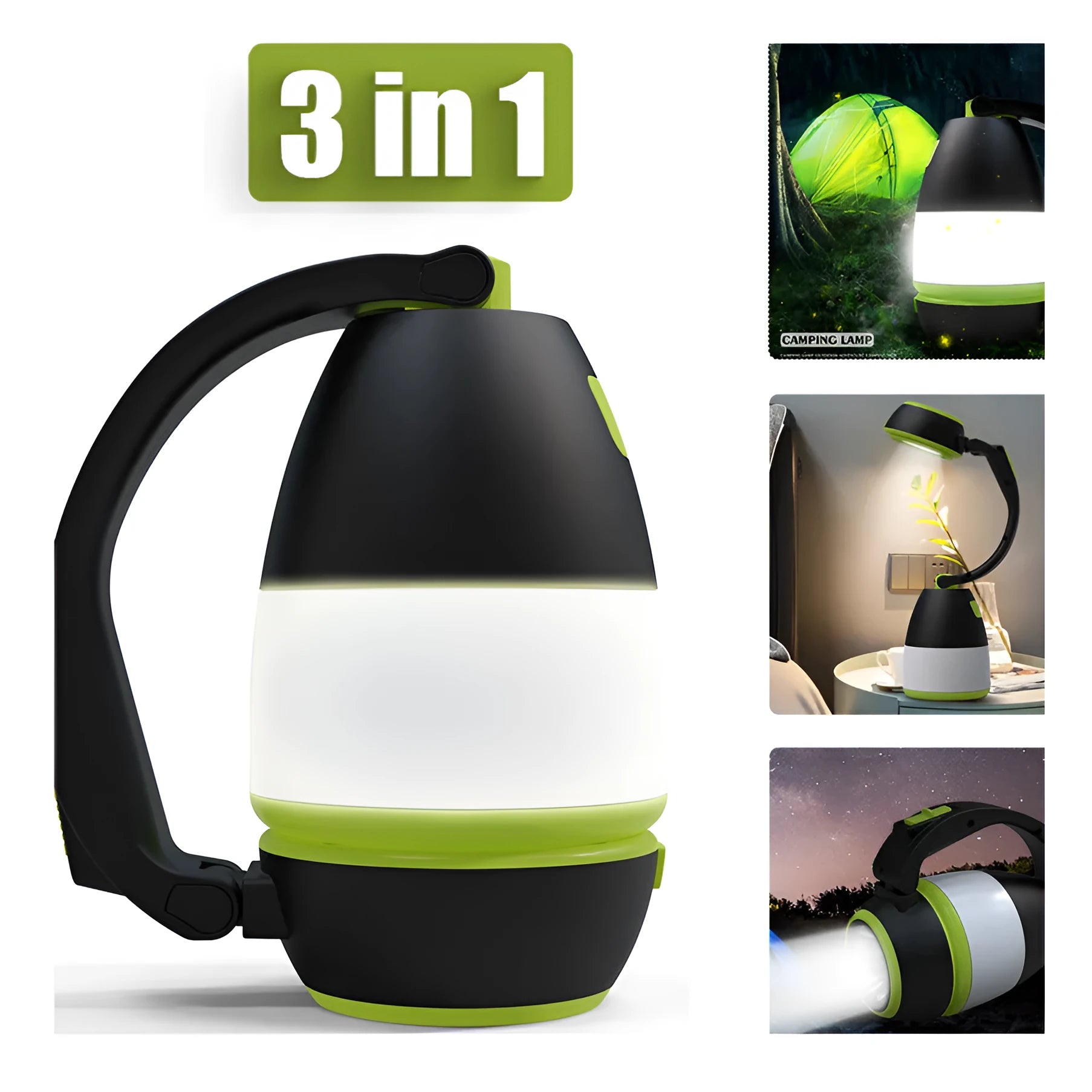 Black green 3-in-1 multifunctional LED table lamp with adjustable head and USB charging port.