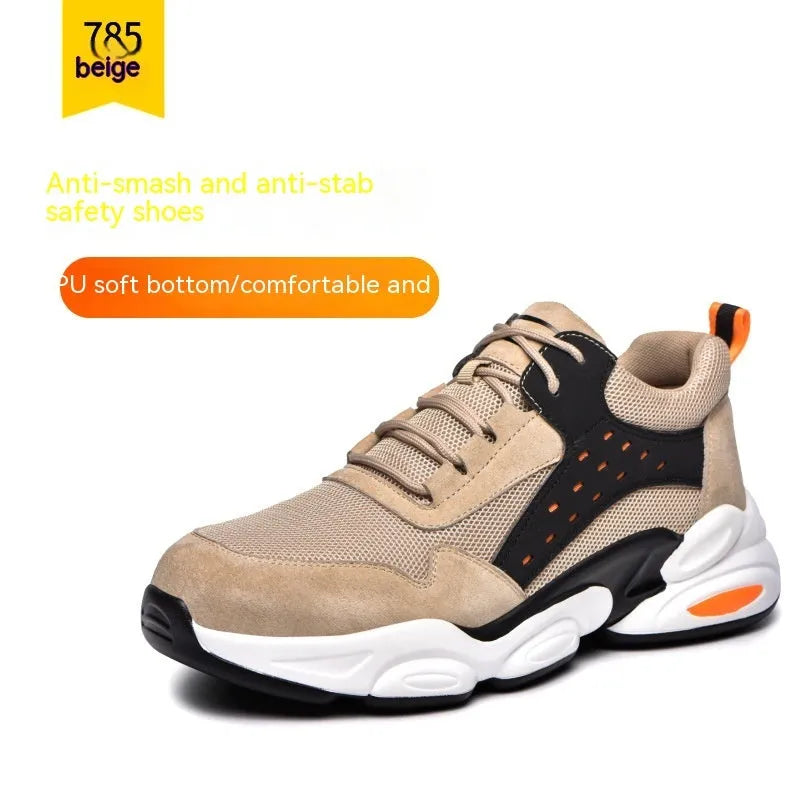 Black mesh safety shoe with steel toe cap and textured PU sole on a grey background.