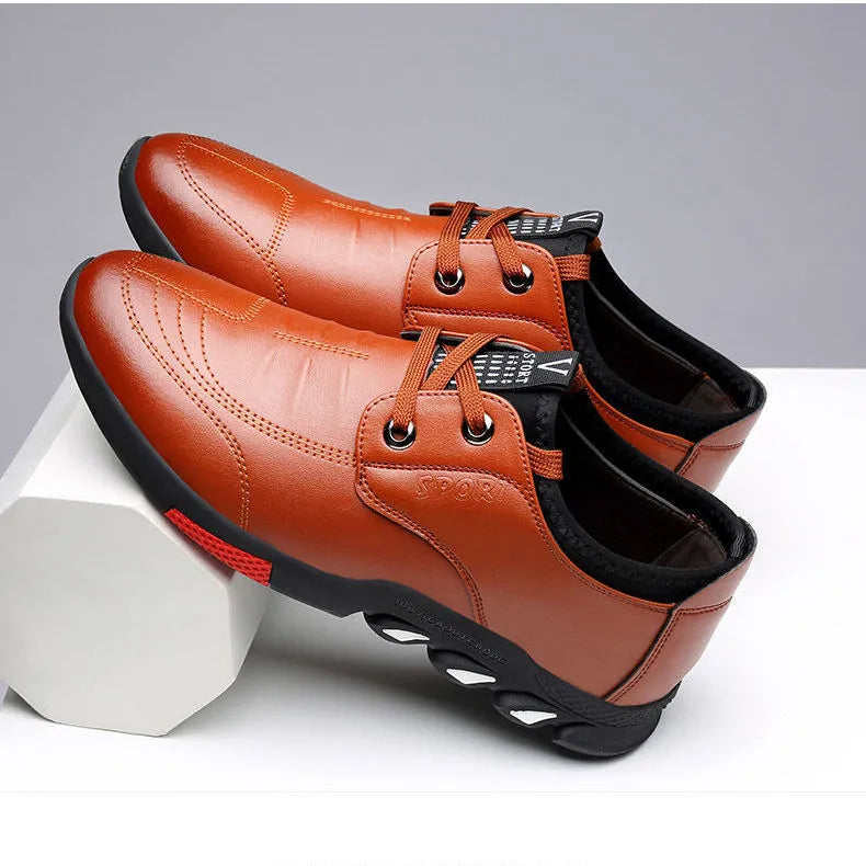 Men's black and brown PU leather business casual shoes with flat heel design
