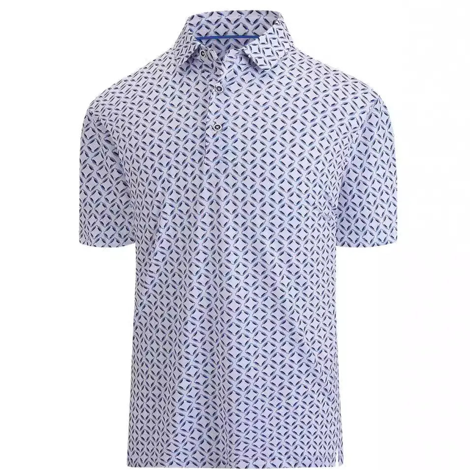 Men's 3D printed short sleeve t-shirt with graphic pattern and zip decoration on a mannequin.
