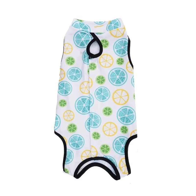 Cat wearing a sterilisation recovery suit with Velcro fastening and a printed pattern design