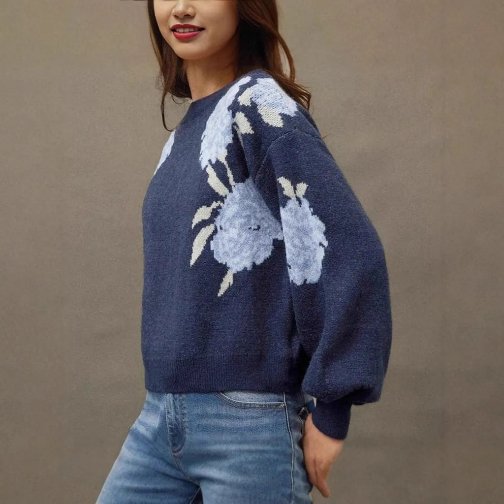 Sapphire Blue women's pullover with flower jacquard pattern and loose casual design
